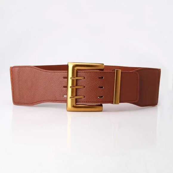 EDUARD - High Quality Vegan Leather Embellished Elastic WIDE BELT BROWN - Picture 1 of 1